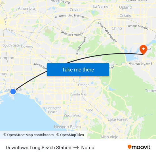 Downtown Long Beach Station to Norco map