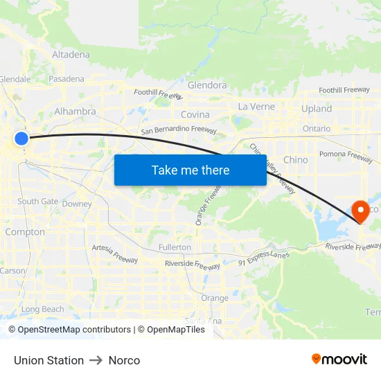 Union Station to Norco map
