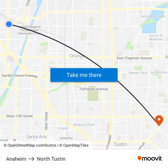 Anaheim to North Tustin map