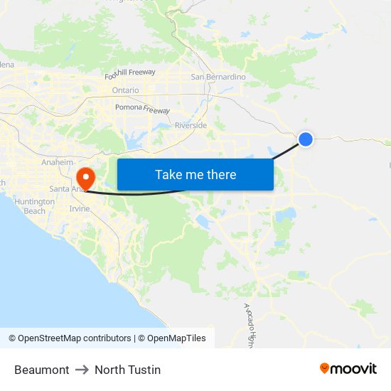 Beaumont to North Tustin map