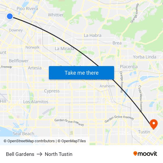 Bell Gardens to North Tustin map