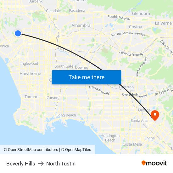 Beverly Hills to North Tustin map