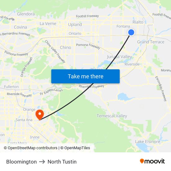 Bloomington to North Tustin map