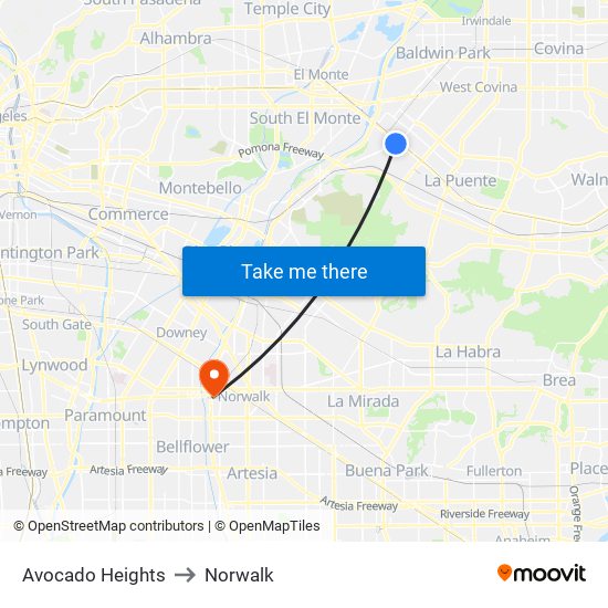 Avocado Heights to Norwalk map