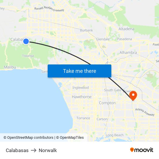 Calabasas to Norwalk map