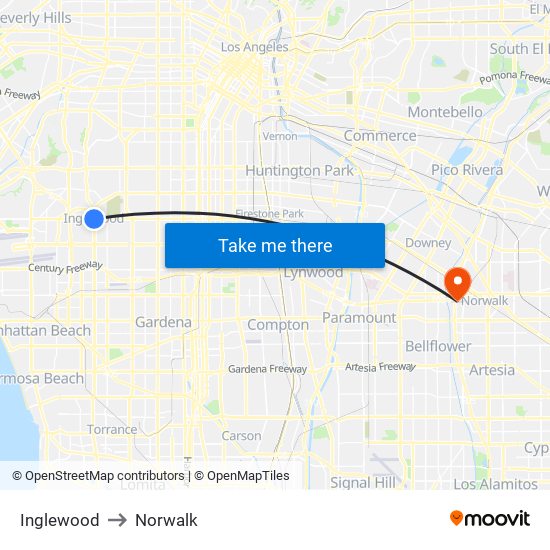 Inglewood to Norwalk map