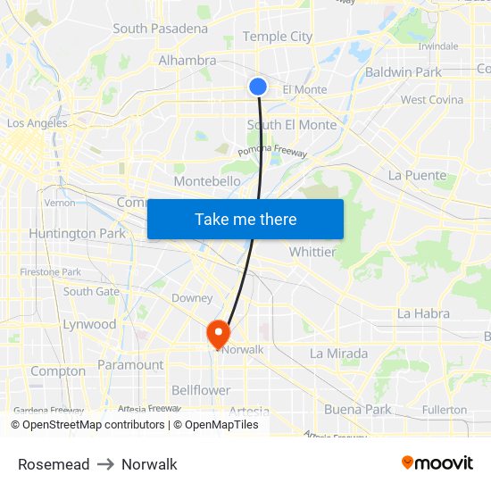 Rosemead to Norwalk map