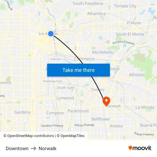 Downtown to Norwalk map