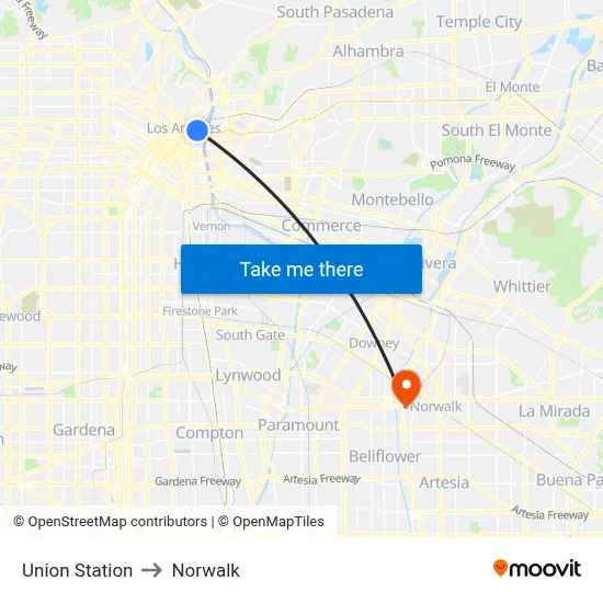 Union Station to Norwalk map
