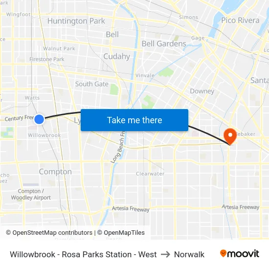 Willowbrook - Rosa Parks Station - West to Norwalk map