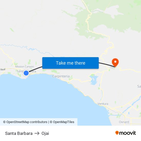 Santa Barbara to Ojai map