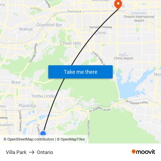 Villa Park to Ontario map