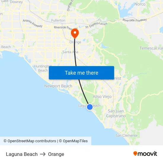 Laguna Beach to Orange map