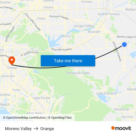 Moreno Valley to Orange map