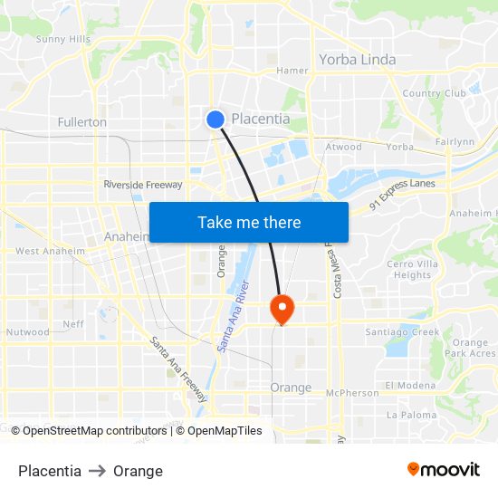 Placentia to Orange map