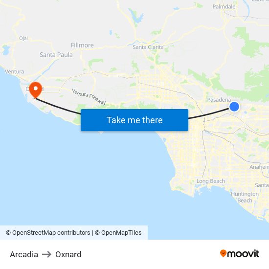 Arcadia to Oxnard map