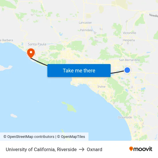 University of California, Riverside to Oxnard map