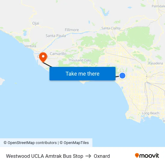 Westwood UCLA Amtrak Bus Stop to Oxnard map