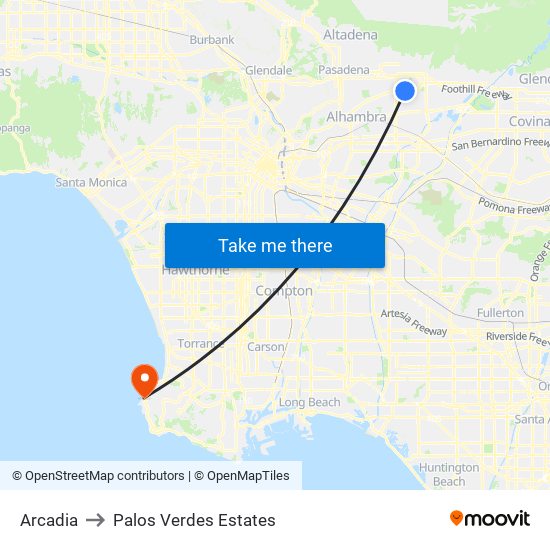 Arcadia to Palos Verdes Estates map