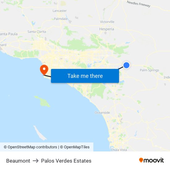 Beaumont to Palos Verdes Estates map