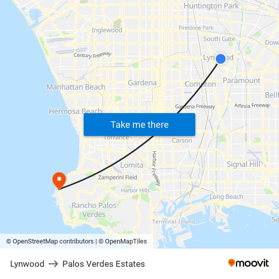 Lynwood to Palos Verdes Estates map