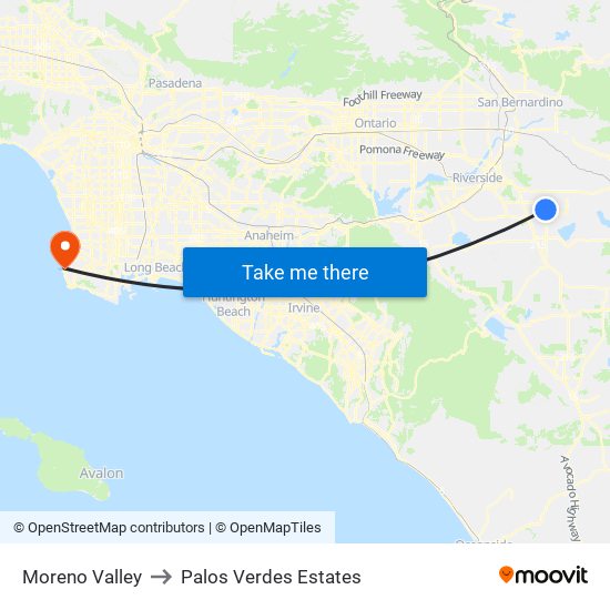 Moreno Valley to Palos Verdes Estates map