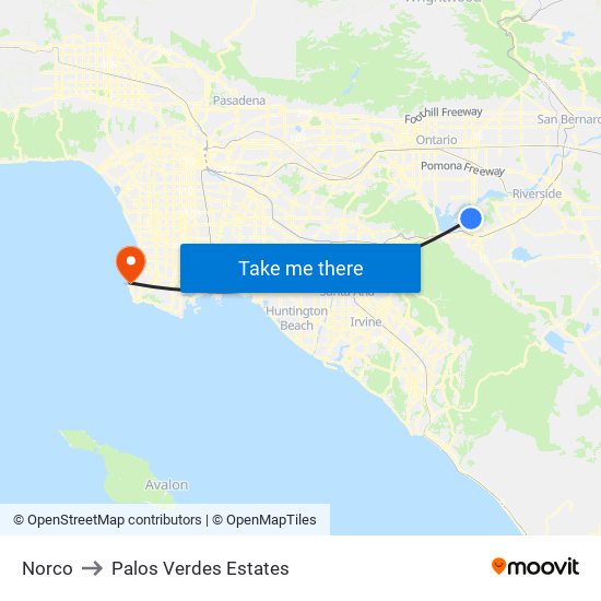 Norco to Palos Verdes Estates map