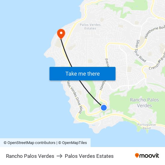 Rancho Palos Verdes to Palos Verdes Estates map