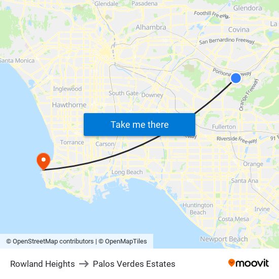 Rowland Heights to Palos Verdes Estates map