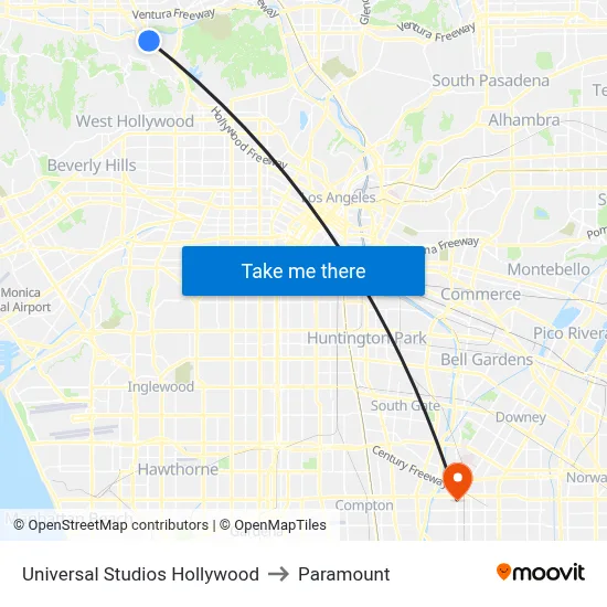 Universal Studios Hollywood to Paramount map