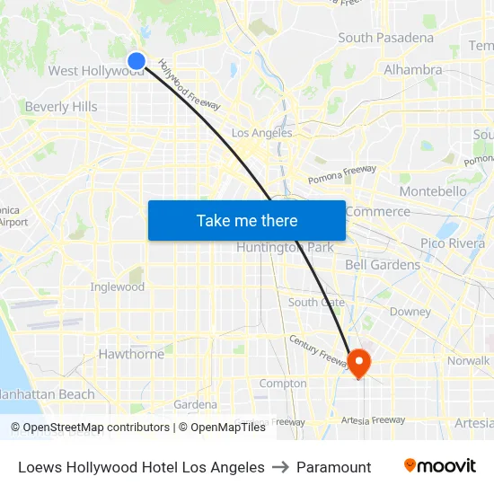 Loews Hollywood Hotel Los Angeles to Paramount map