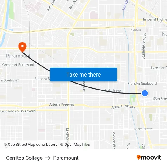 Cerritos College to Paramount map