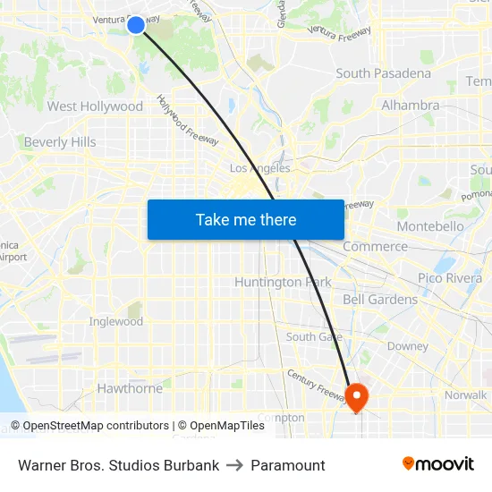 Warner Bros. Studios Burbank to Paramount map