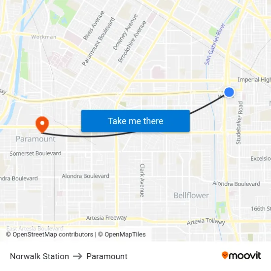 Norwalk Station to Paramount map