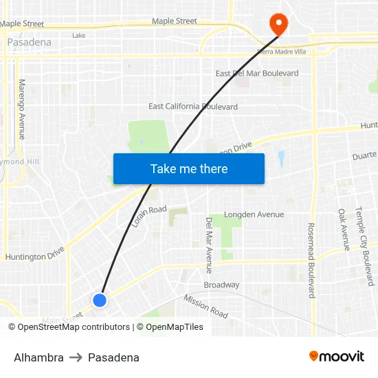 Alhambra to Pasadena map