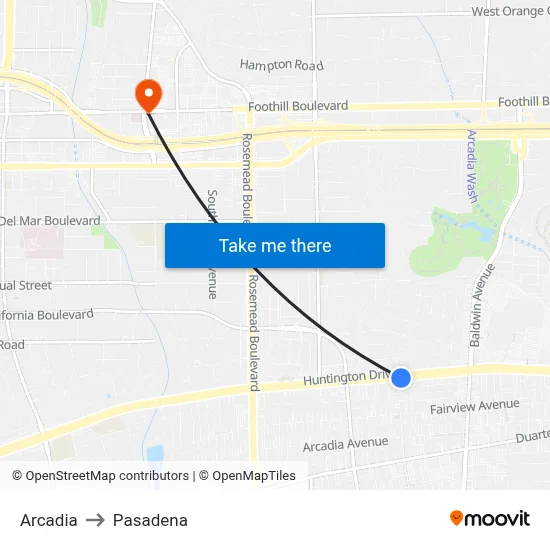 Arcadia to Pasadena map