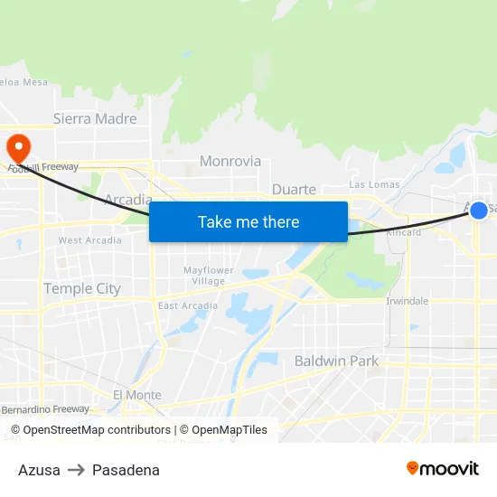 Azusa to Pasadena map