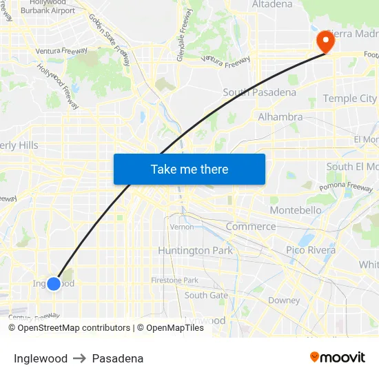 Inglewood to Pasadena map