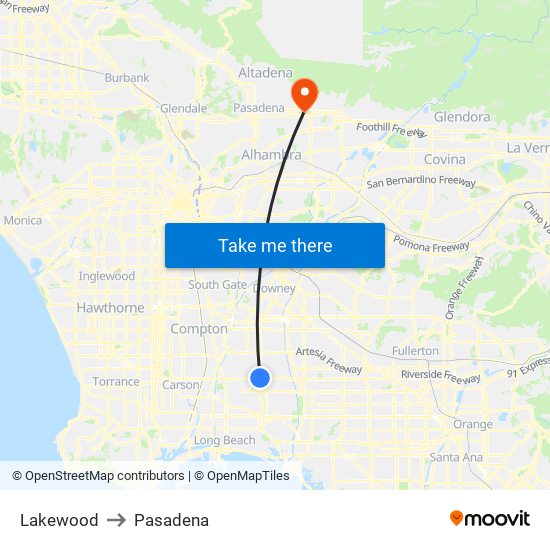 Lakewood to Pasadena map