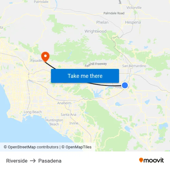 Riverside to Pasadena map