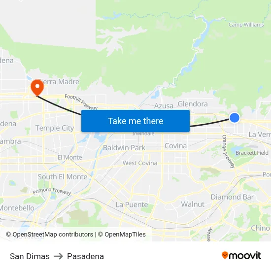 San Dimas to Pasadena map