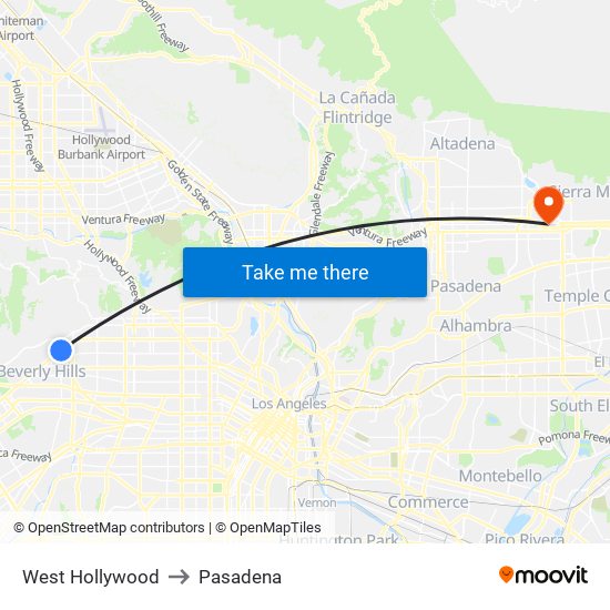 West Hollywood to Pasadena map