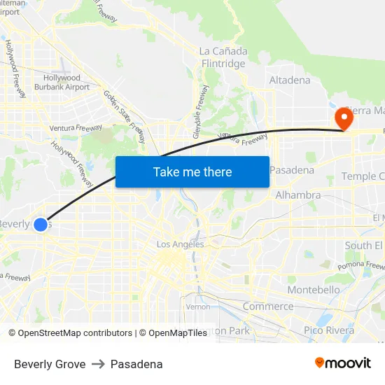 Beverly Grove to Pasadena map