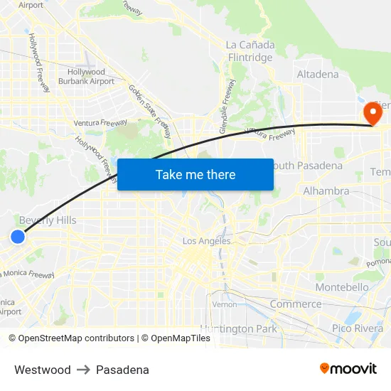 Westwood to Pasadena map
