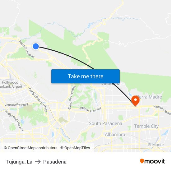 Tujunga, La to Pasadena map