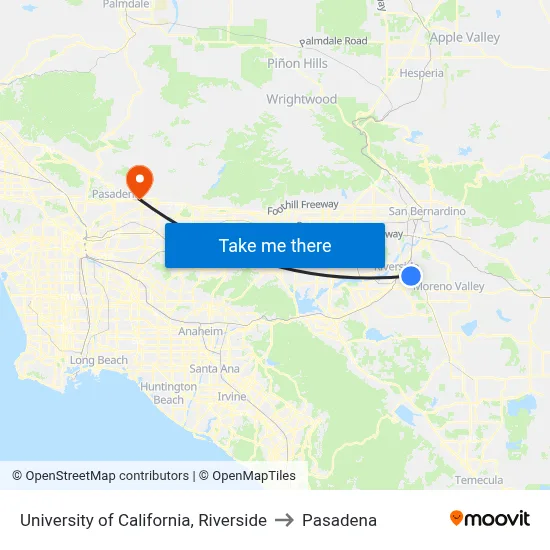University of California, Riverside to Pasadena map