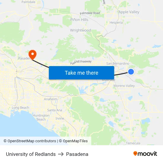 University of Redlands to Pasadena map