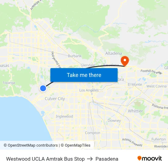 Westwood UCLA Amtrak Bus Stop to Pasadena map