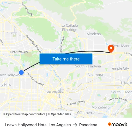 Loews Hollywood Hotel Los Angeles to Pasadena map