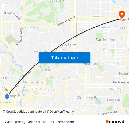 Walt Disney Concert Hall to Pasadena map